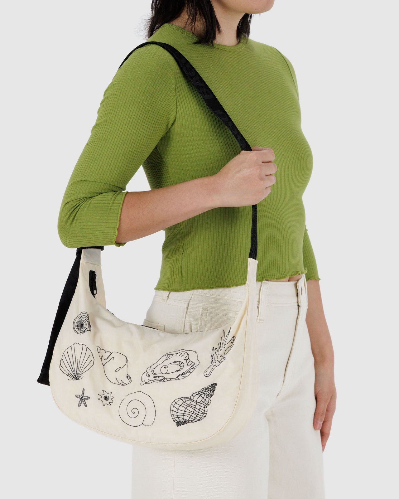 Medium Nylon Crescent Bag - Embroidered Shells