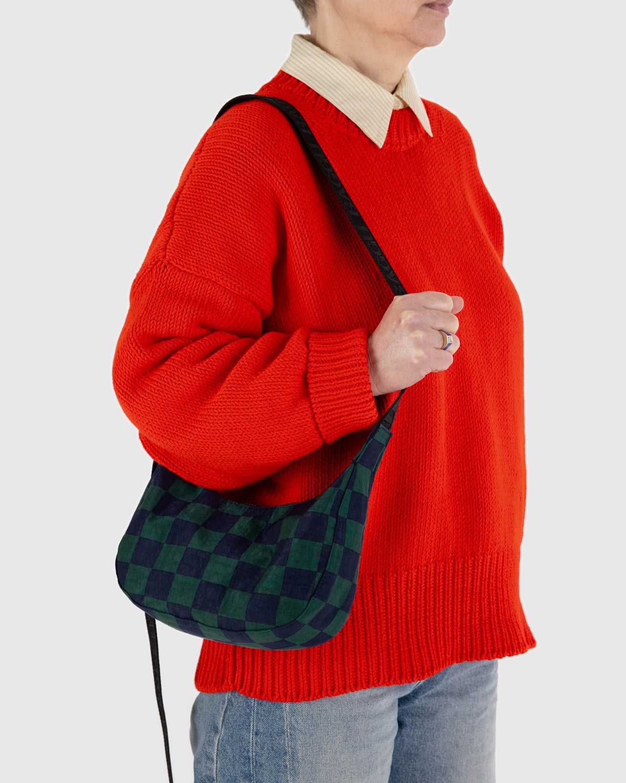 Small Nylon Crescent Bag - Navy Green Check FA24