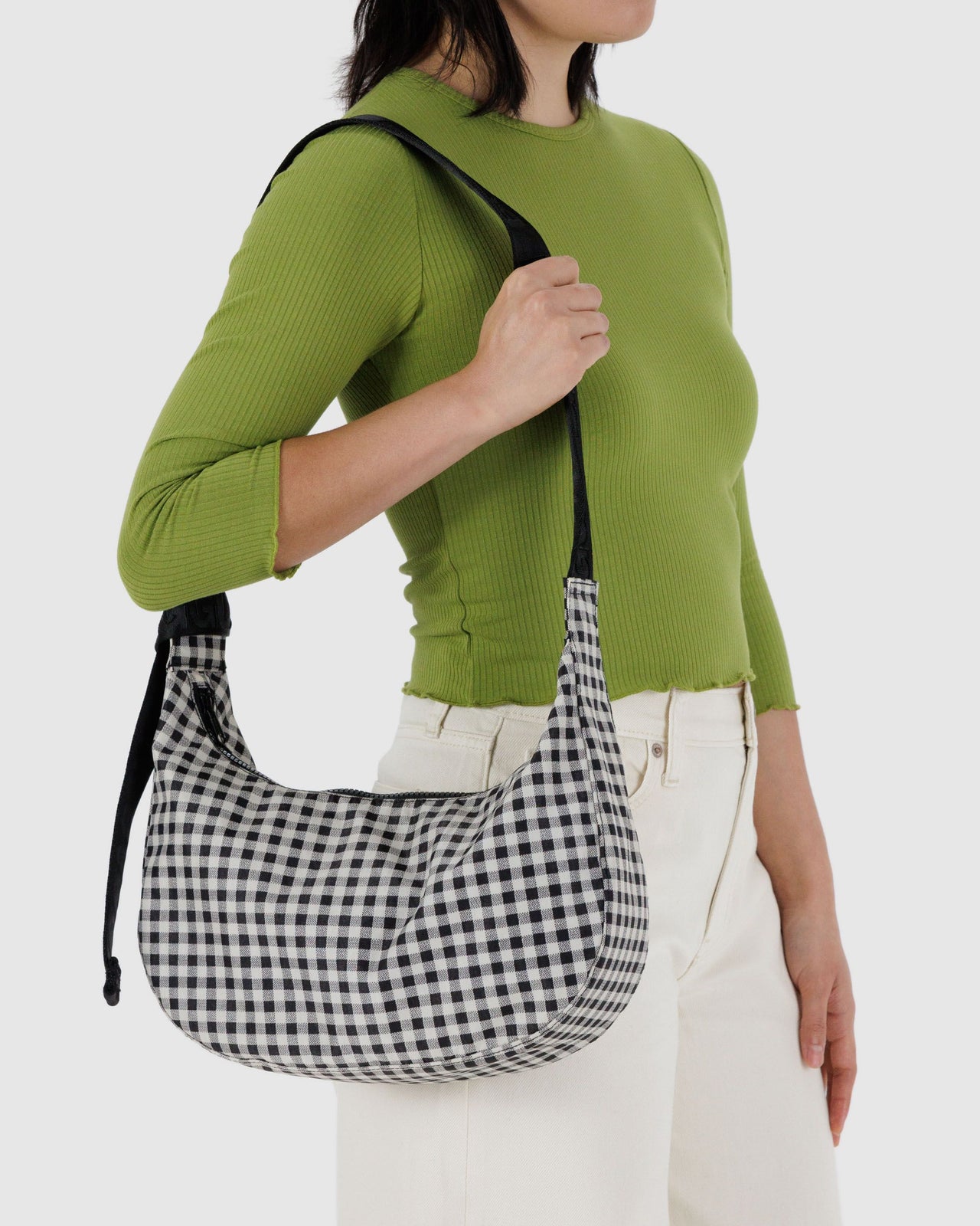 Medium Nylon Crescent Bag - Black & White Gingham