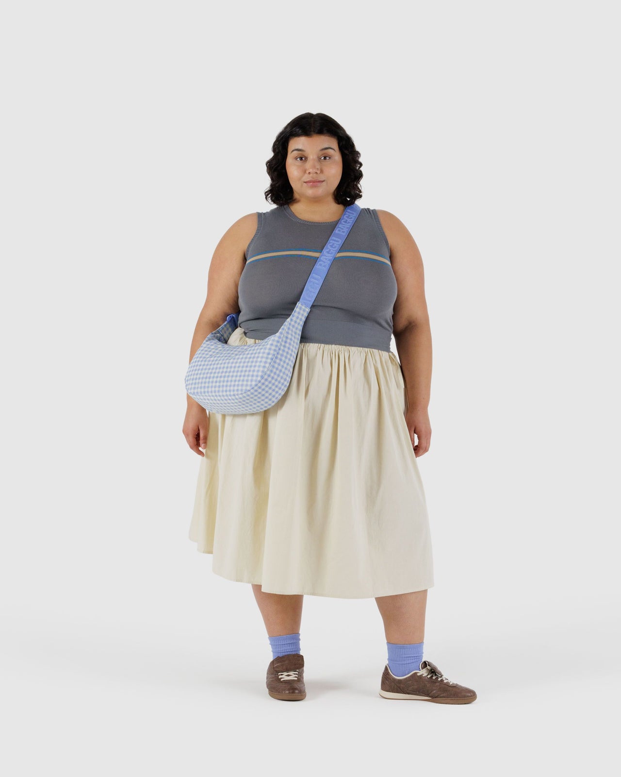 Medium Nylon Crescent Bag - Light Blue Gingham