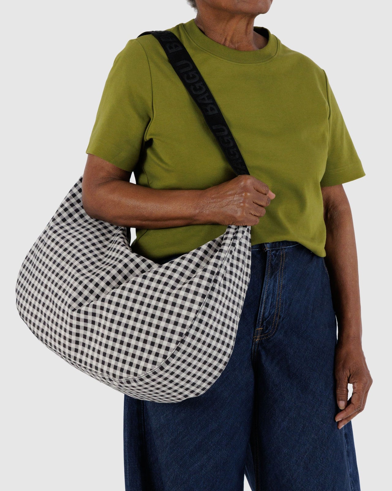 Large Nylon Crescent Bag - Black & White Gingham