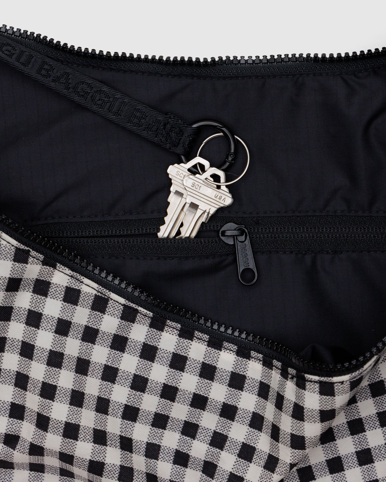 Large Nylon Crescent Bag - Black & White Gingham