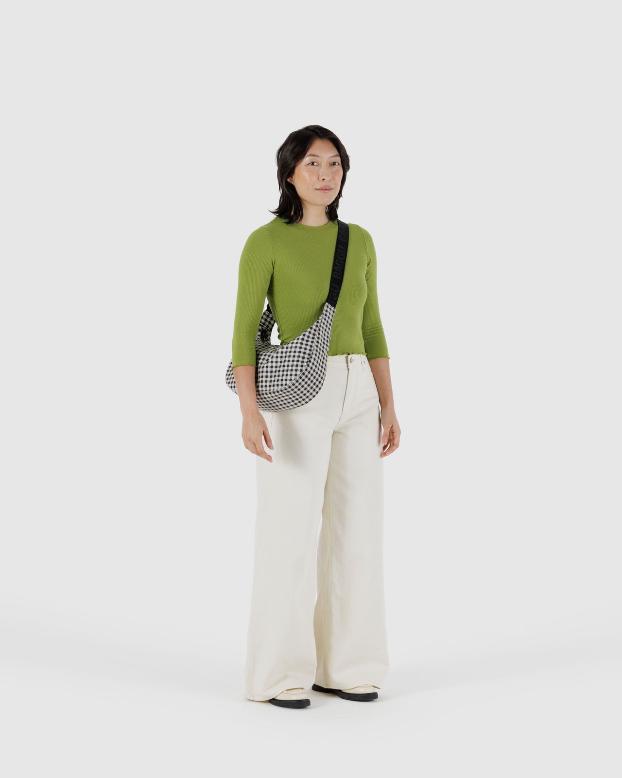 Medium Nylon Crescent Bag - Black & White Gingham
