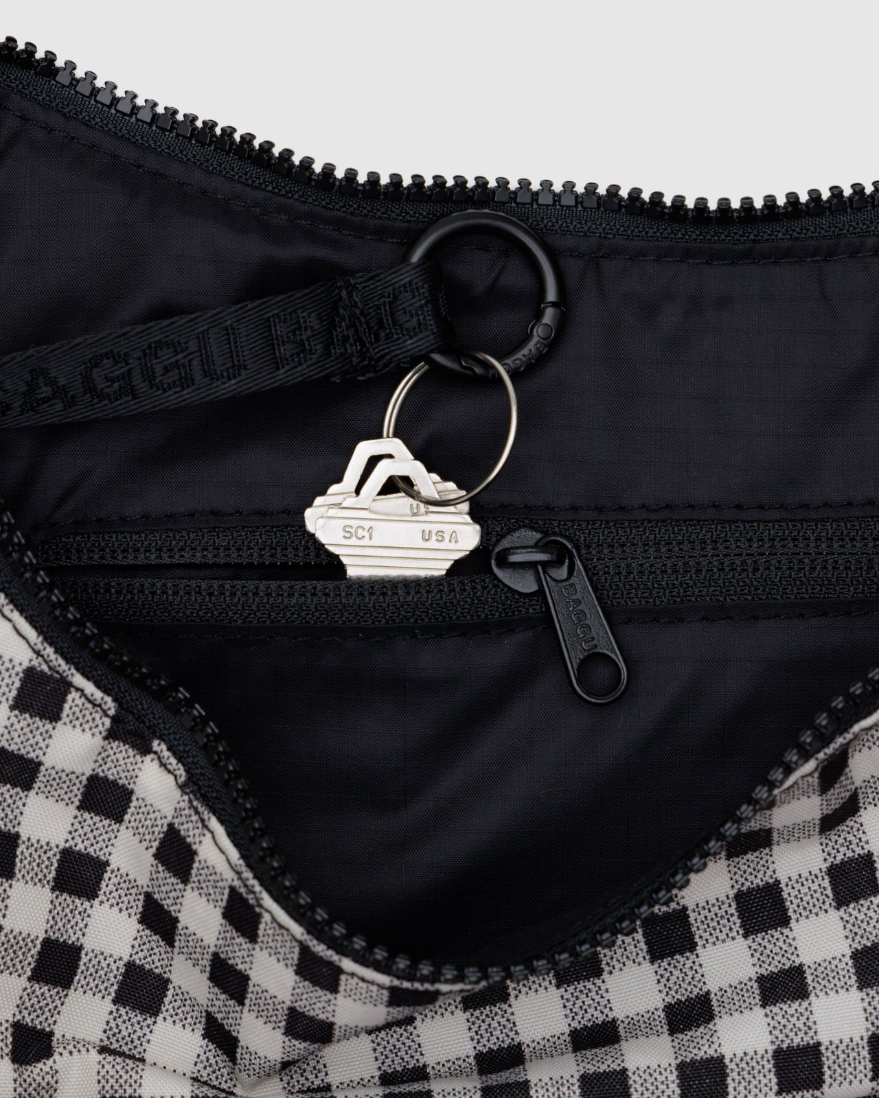 Medium Nylon Crescent Bag - Black & White Gingham