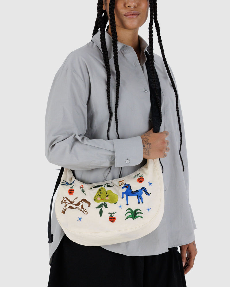 BAGGU Wholesale Crescent Bags Medium Nylon Crescent Bag - Embroidered Painted Prairie