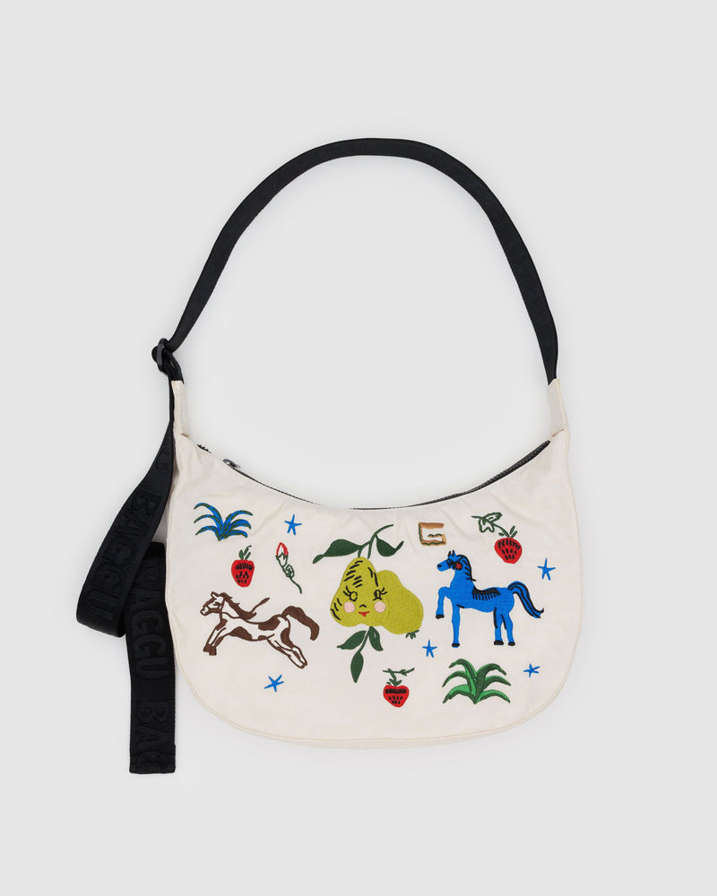 BAGGU Wholesale Crescent Bags Medium Nylon Crescent Bag - Embroidered Painted Prairie