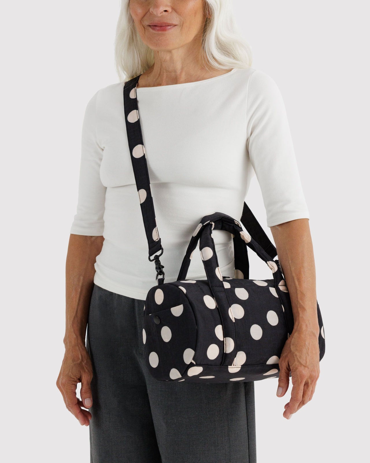 Nylon Duffle Bag - Black and Cream Polka Dot