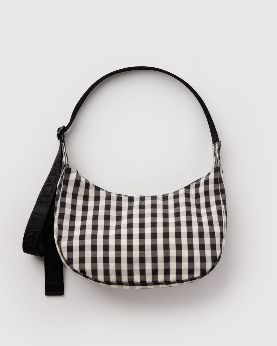 BAGGU Wholesale Cross Body Medium Nylon Crescent Bag - Black and Cream Gingham
