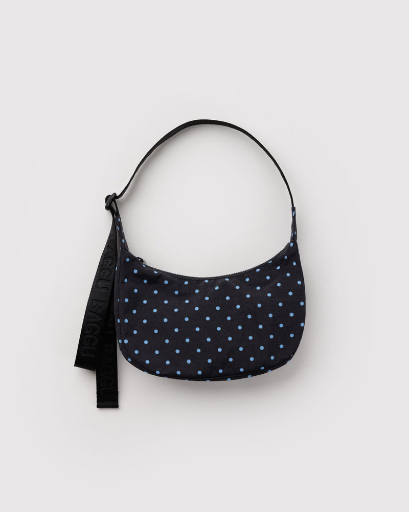 BAGGU Wholesale  Small Nylon Crescent Bag - Black and Sky Blue Micro Dot