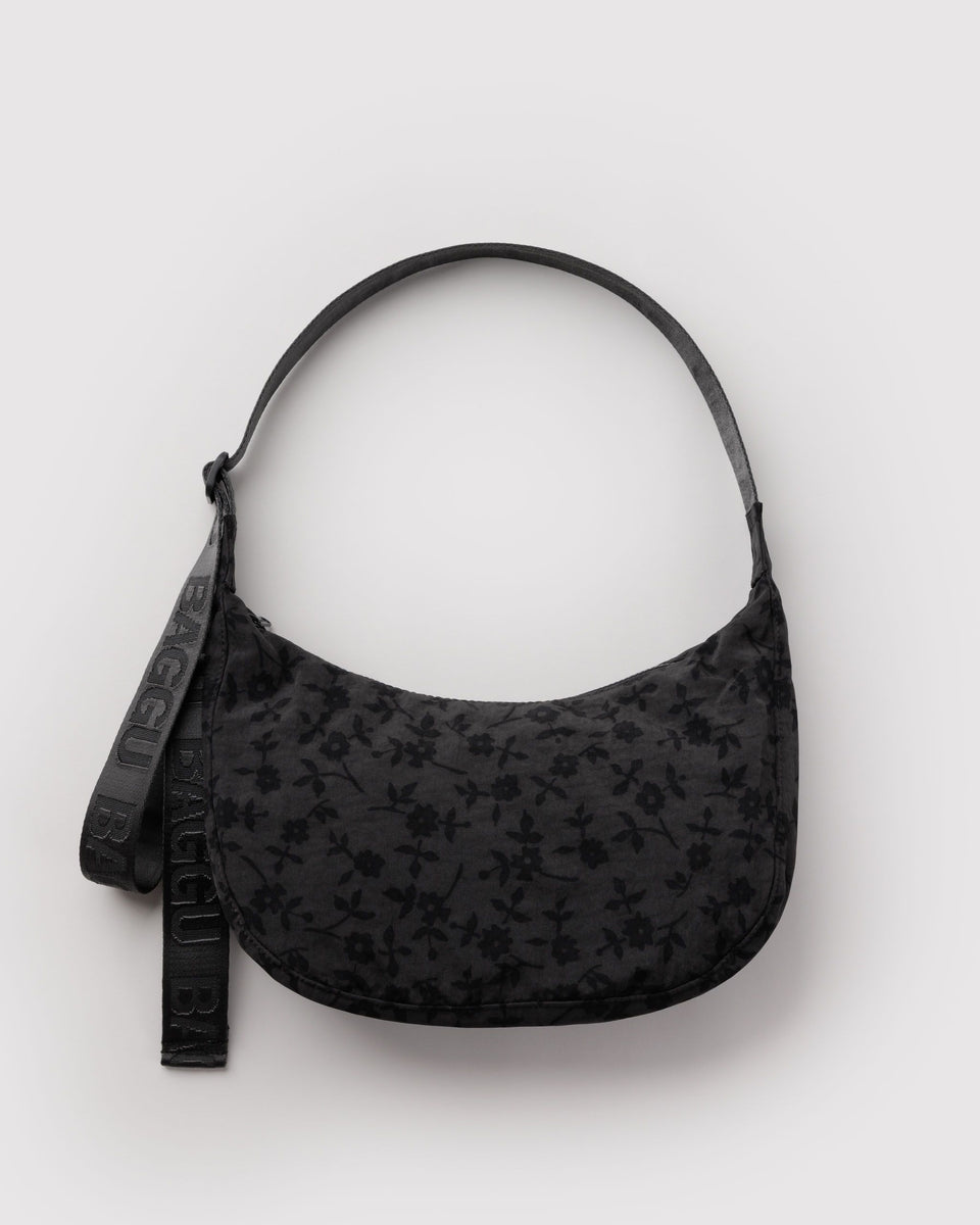 BAGGU Wholesale Cross Body Medium Nylon Crescent Bag - Charcoal Ditsy Floral