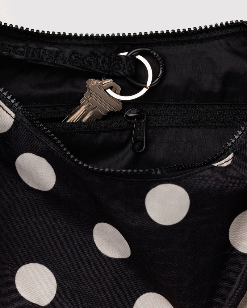 BAGGU Wholesale  Medium Nylon Crescent Bag - Black and Cream Polka Dot