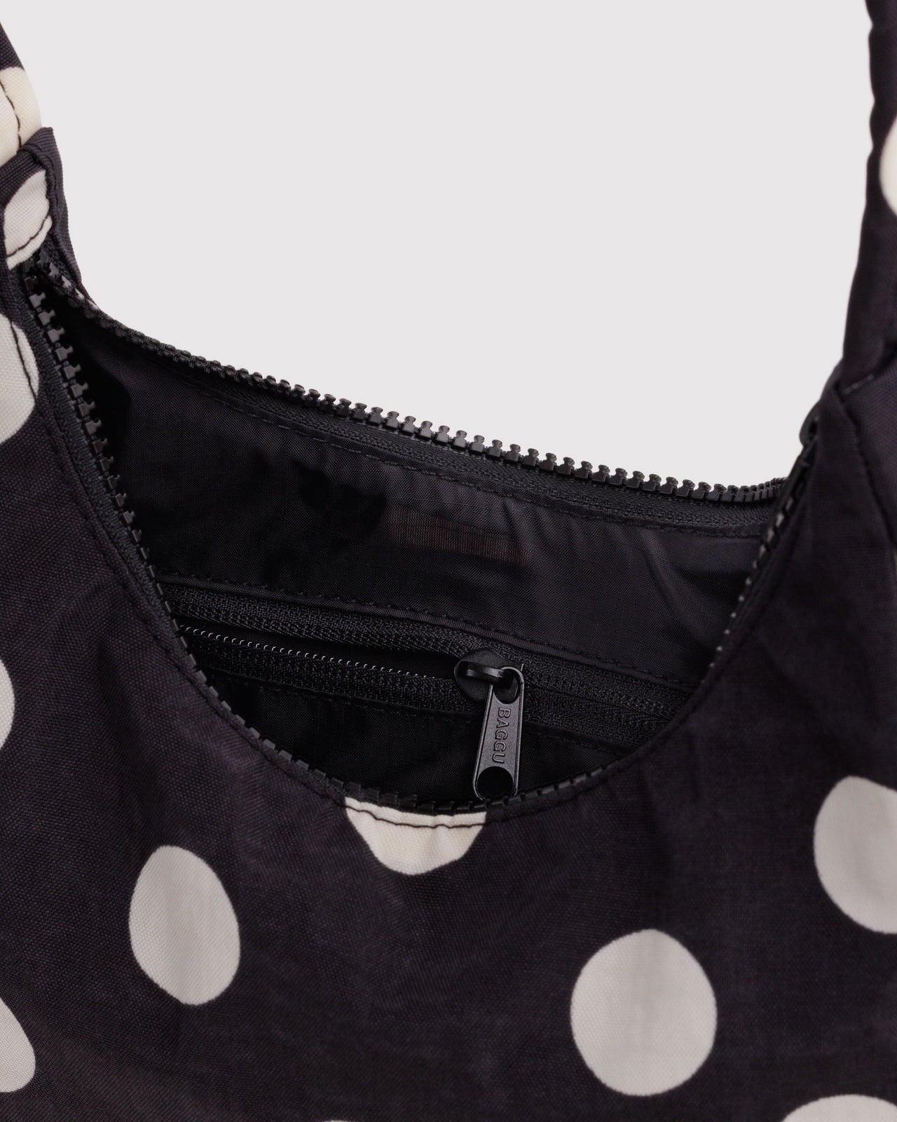Mini Nylon Shoulder Bag - Black and Cream Polka Dot