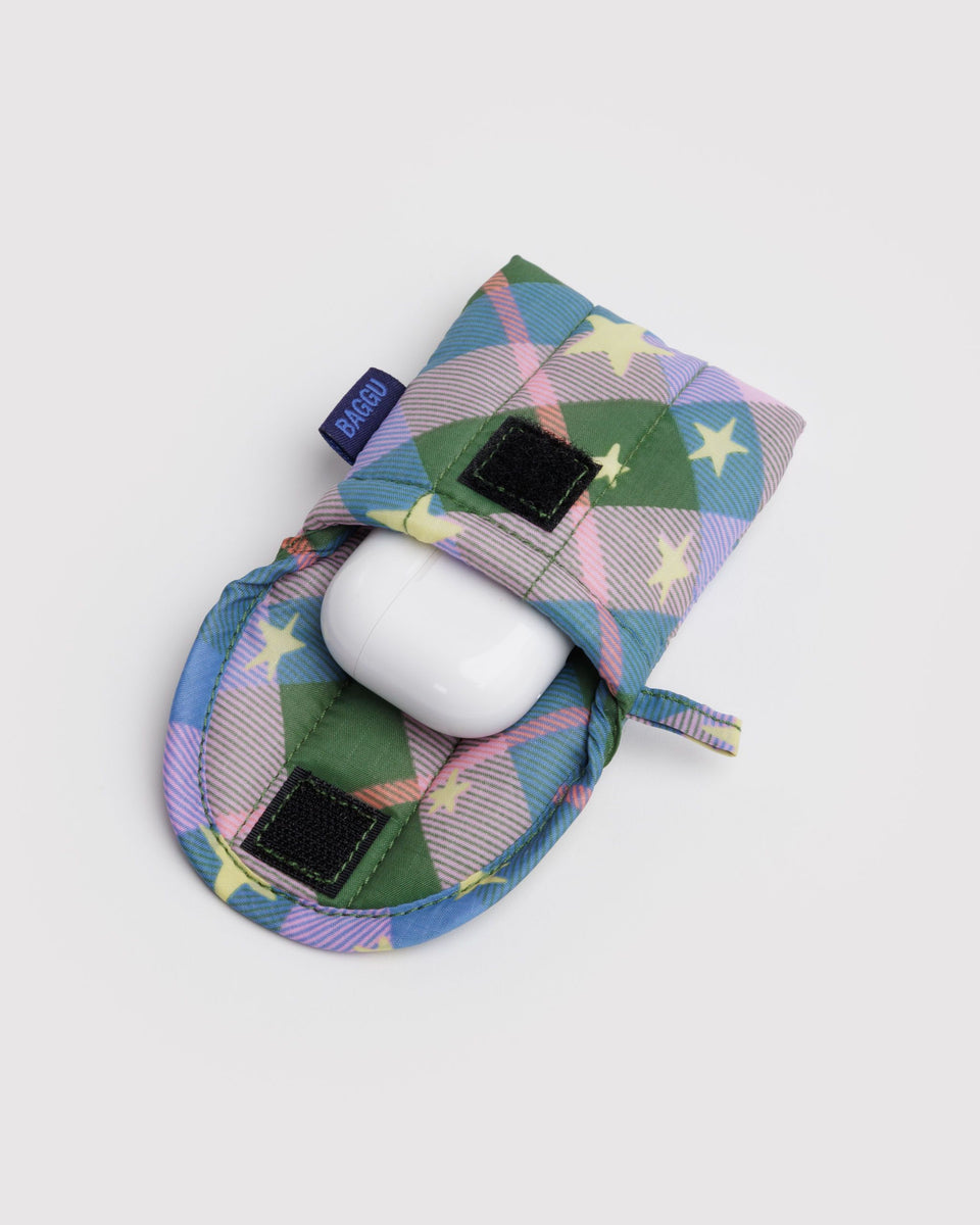 BAGGU Wholesale Shop All Puffy Earbuds Case - Green Star Plaid
