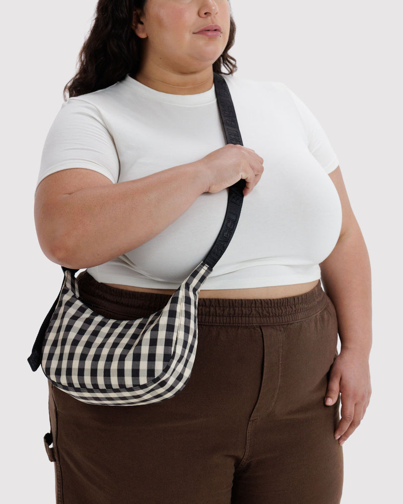 BAGGU Wholesale  Small Nylon Crescent Bag - Black and Cream Gingham