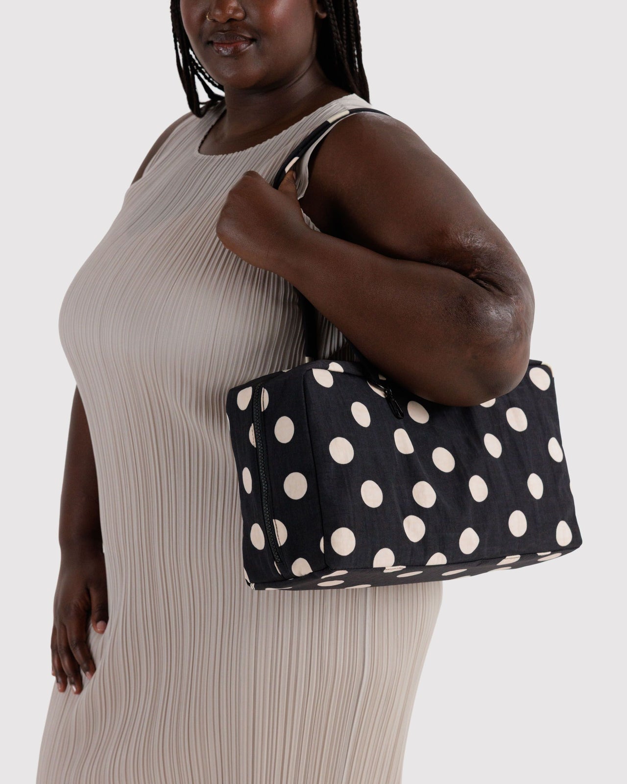 Medium Nylon Bowler Bag - Black and Cream Polka Dot