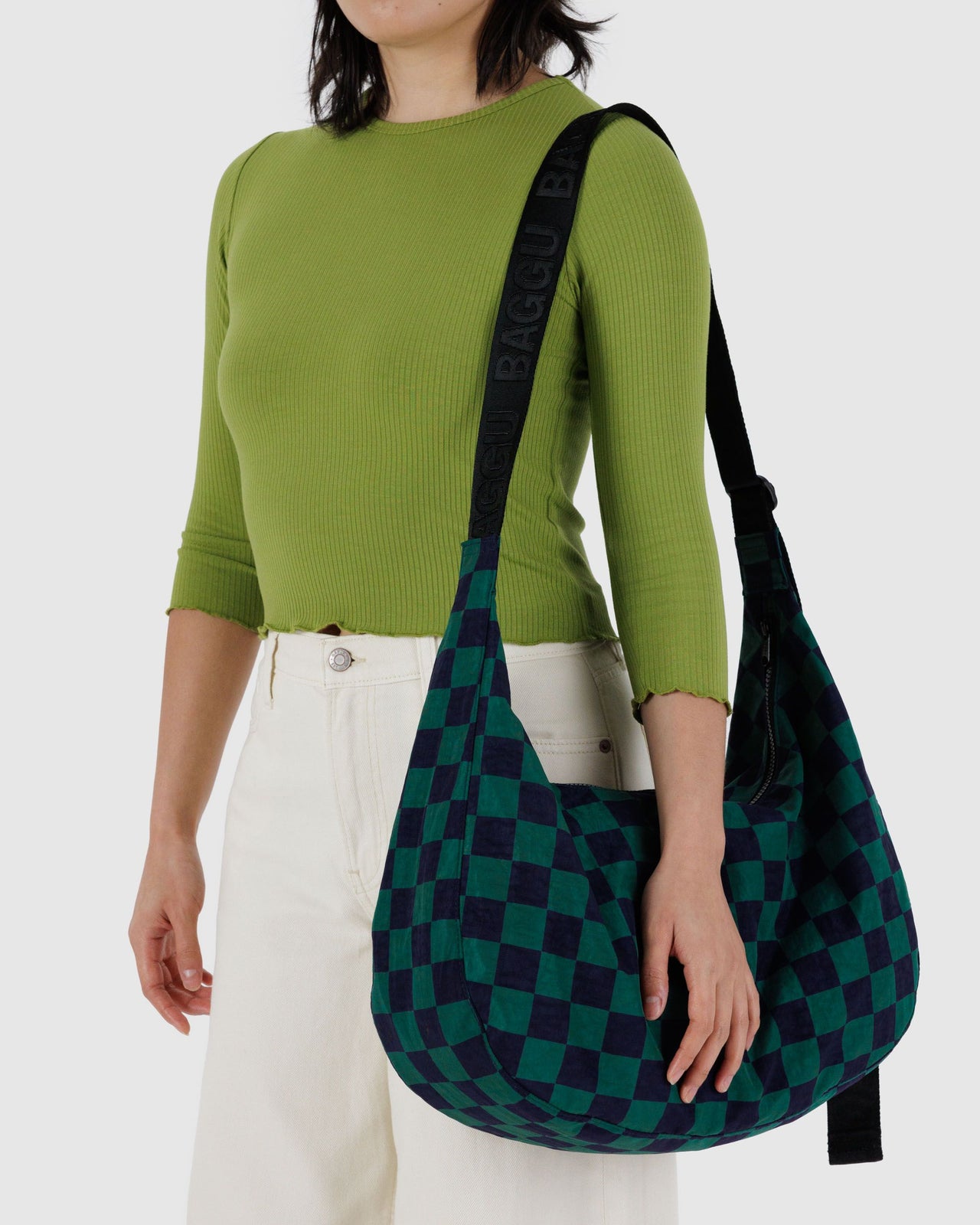 Large Nylon Crescent Bag - Navy Green Check