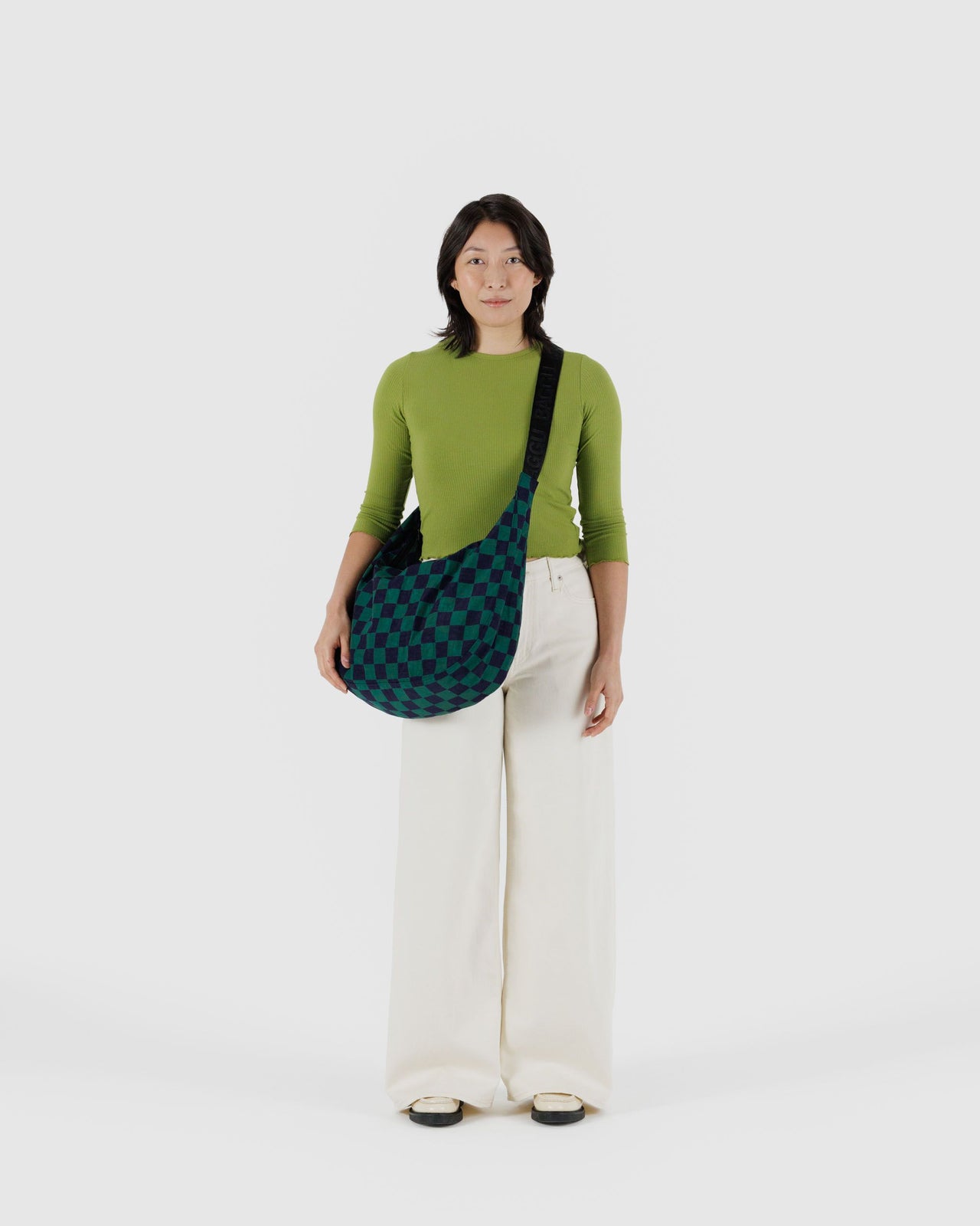 Large Nylon Crescent Bag - Navy Green Check