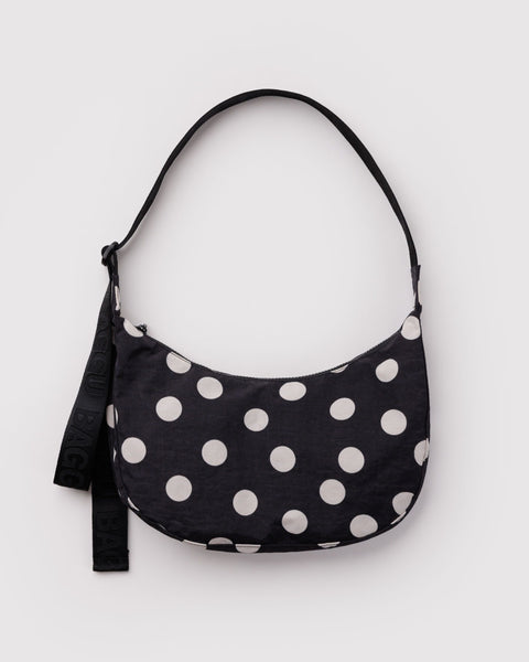 BAGGU Wholesale Crescent Bags Medium Nylon Crescent Bag - Black and Cream Polka Dot