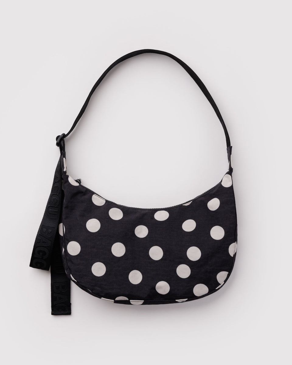 BAGGU Wholesale Medium Nylon Crescent Bag Medium Nylon Crescent Bag - Black and Cream Polka Dot