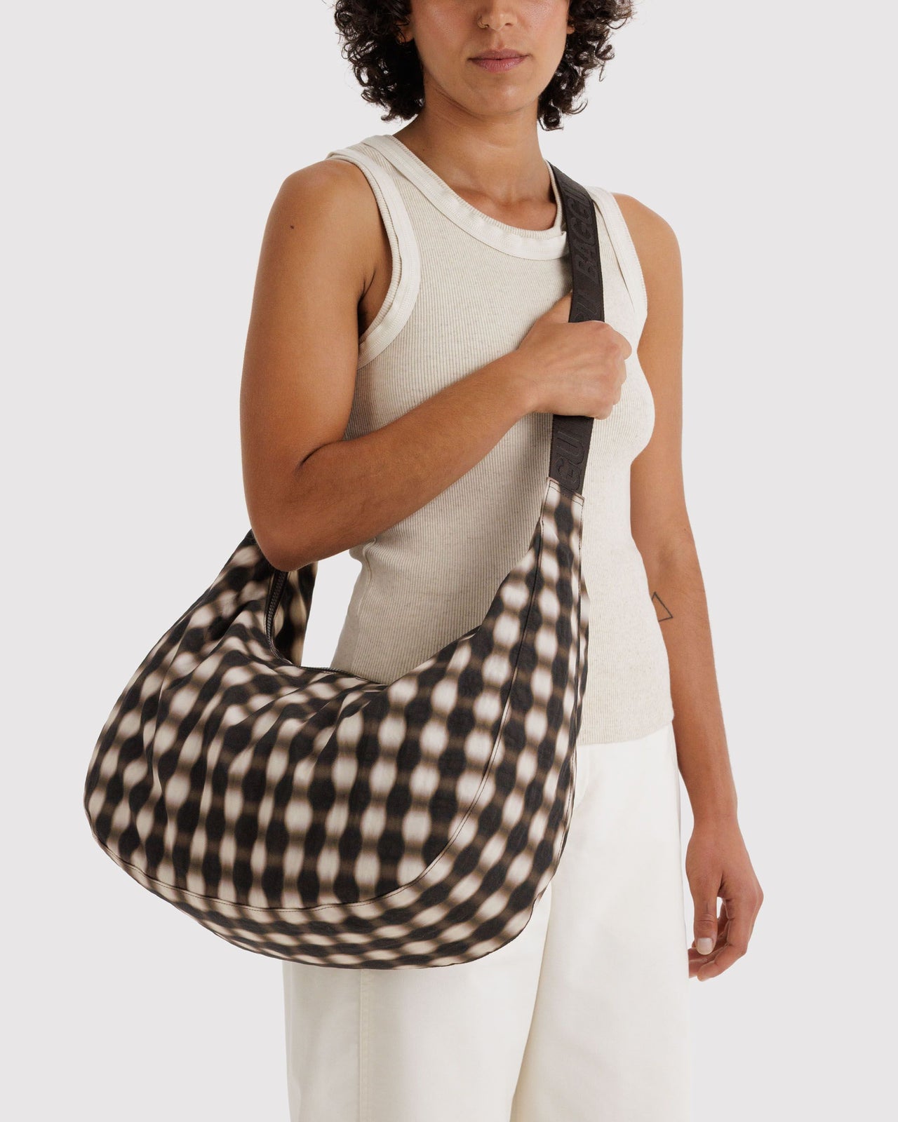 Large Nylon Crescent Bag - Blurred Gingham Brown