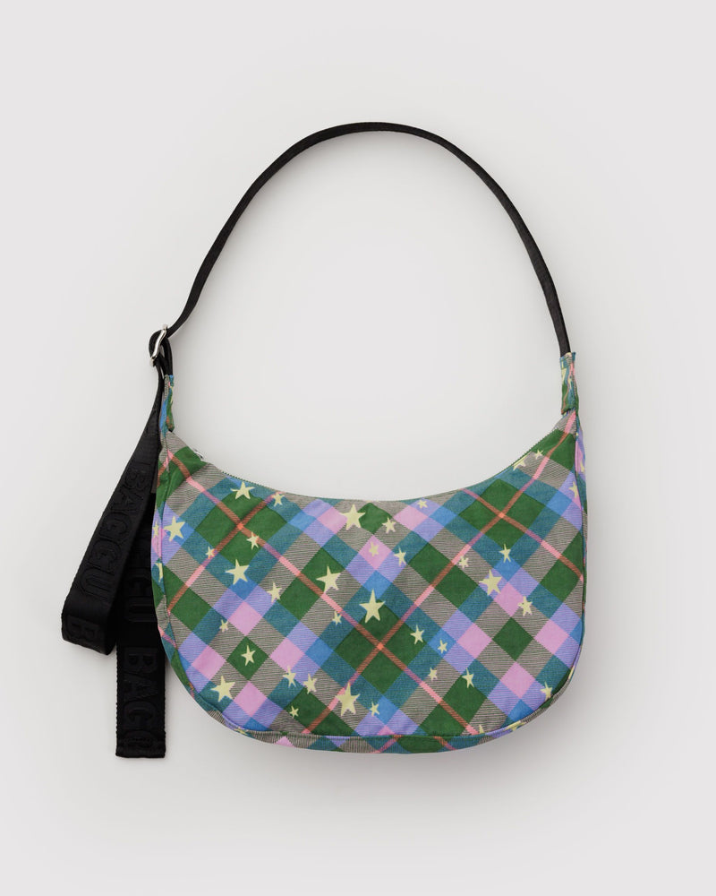 BAGGU Wholesale Cross Body Medium Nylon Crescent Bag - Green Star Plaid