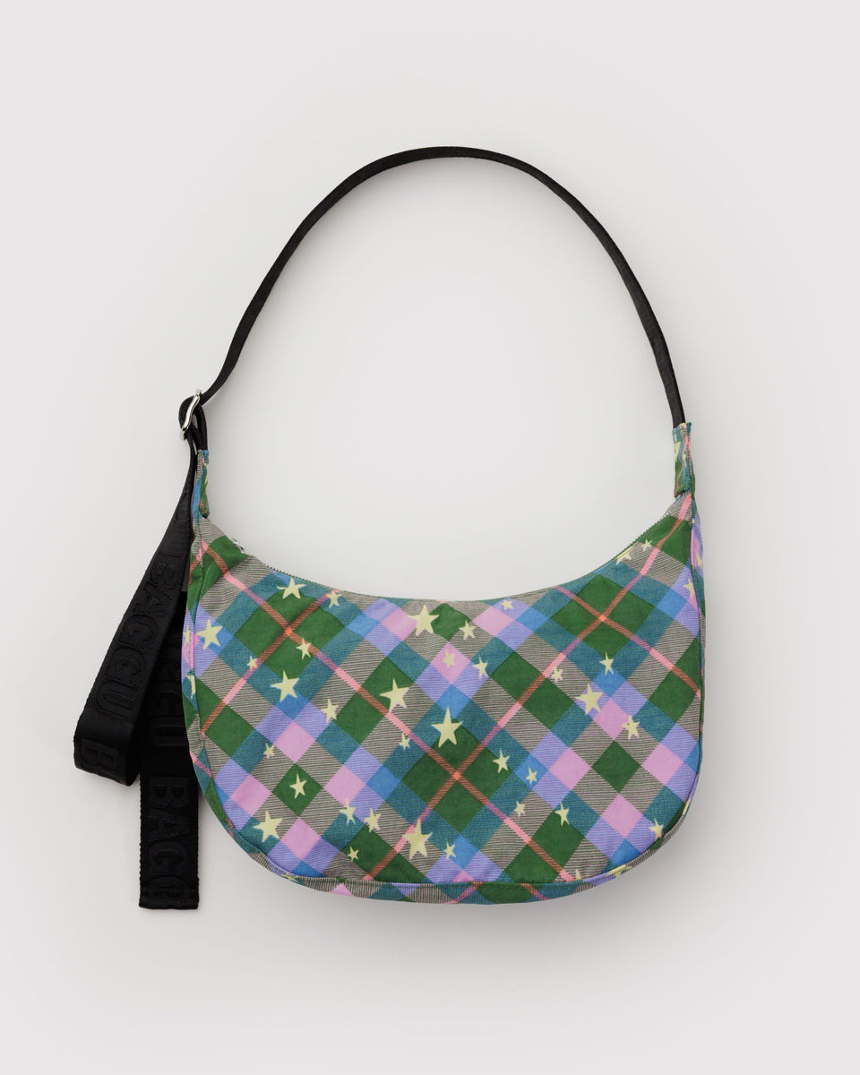 BAGGU Wholesale Cross Body Medium Nylon Crescent Bag - Green Star Plaid