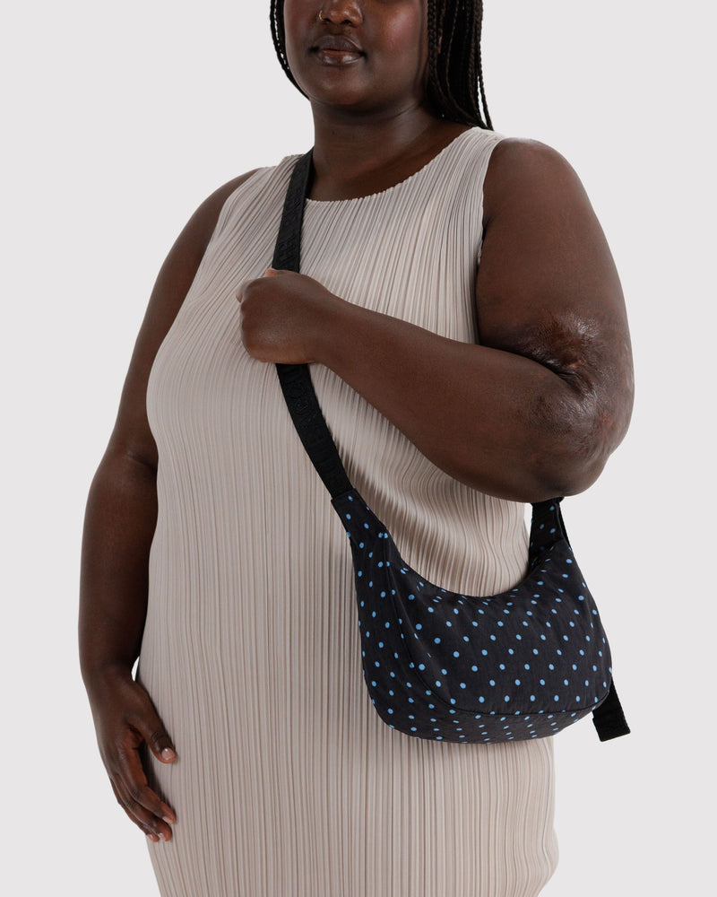 BAGGU Wholesale  Small Nylon Crescent Bag - Black and Sky Blue Micro Dot