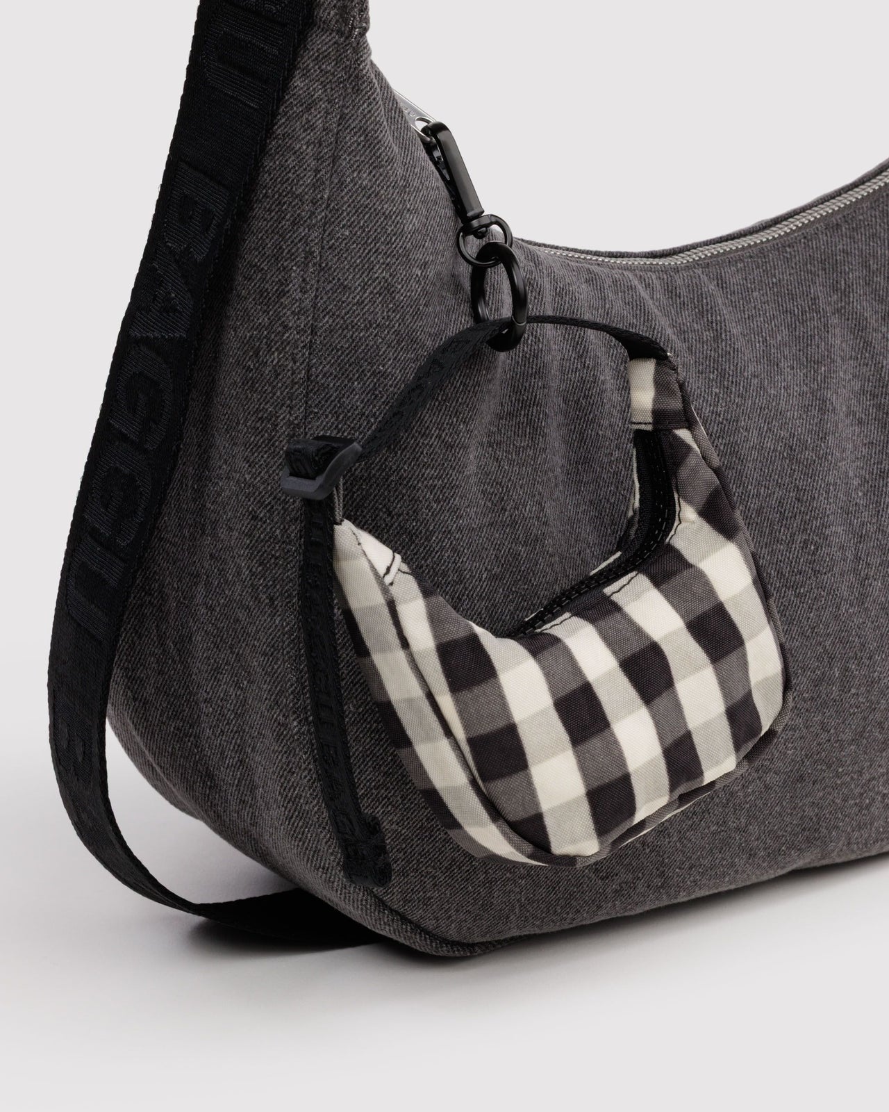 Crescent Bag Charm - Black and Cream Gingham