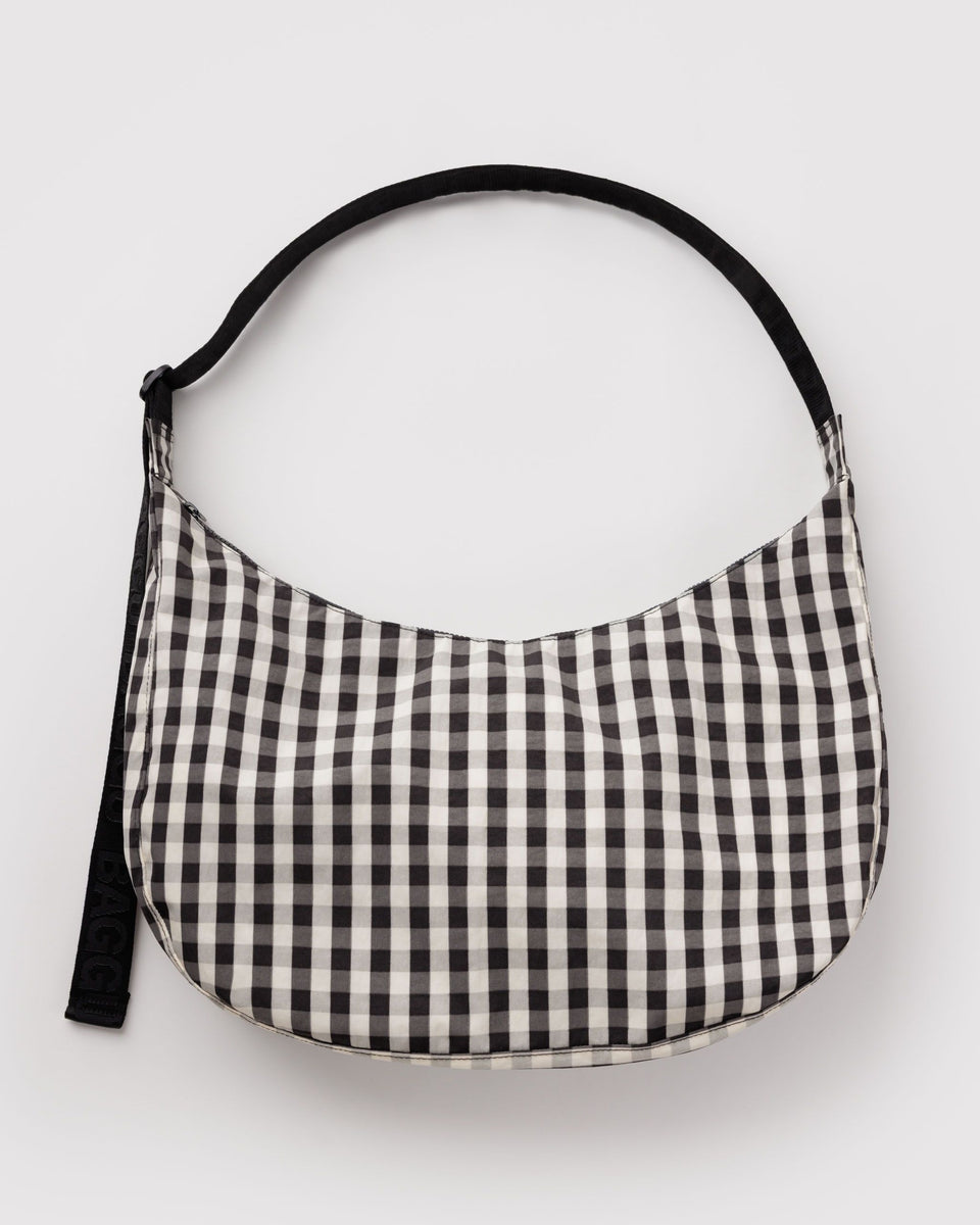 BAGGU Wholesale Cross Body Large Nylon Crescent Bag - Black and Cream Gingham