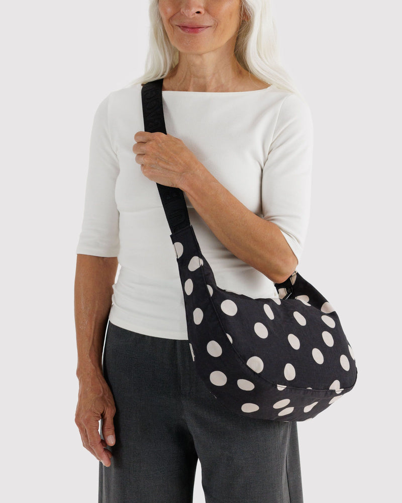 BAGGU Wholesale  Medium Nylon Crescent Bag - Black and Cream Polka Dot