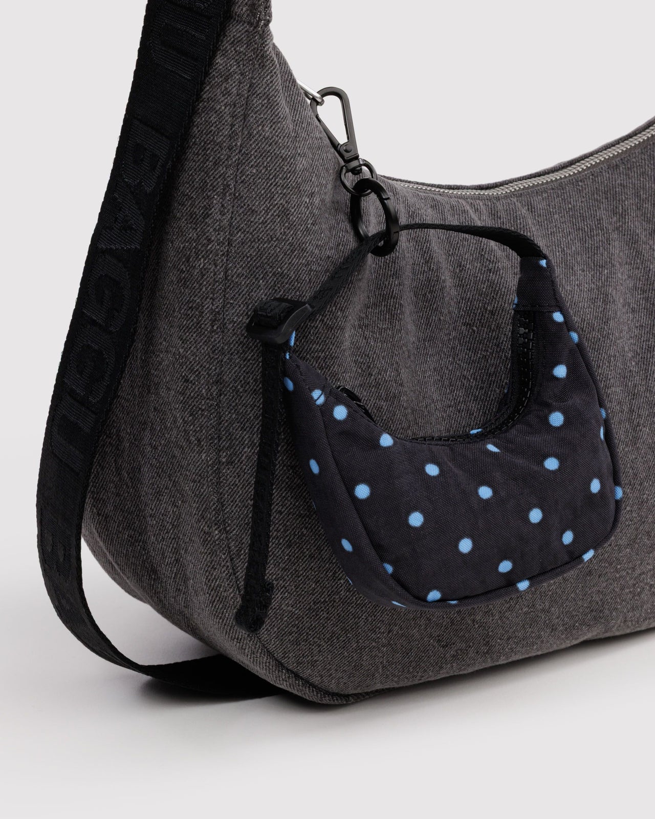 Crescent Bag Charm - Black and Sky Blue Micro Dot
