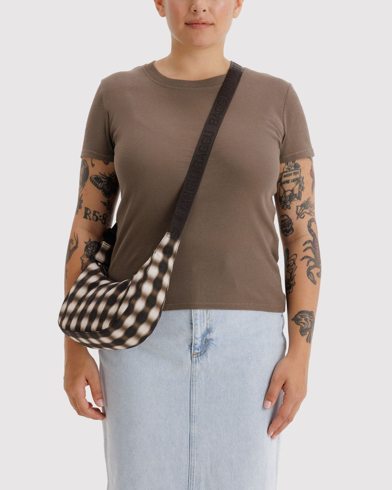 BAGGU Wholesale  Small Nylon Crescent Bag - Blurred Gingham Brown