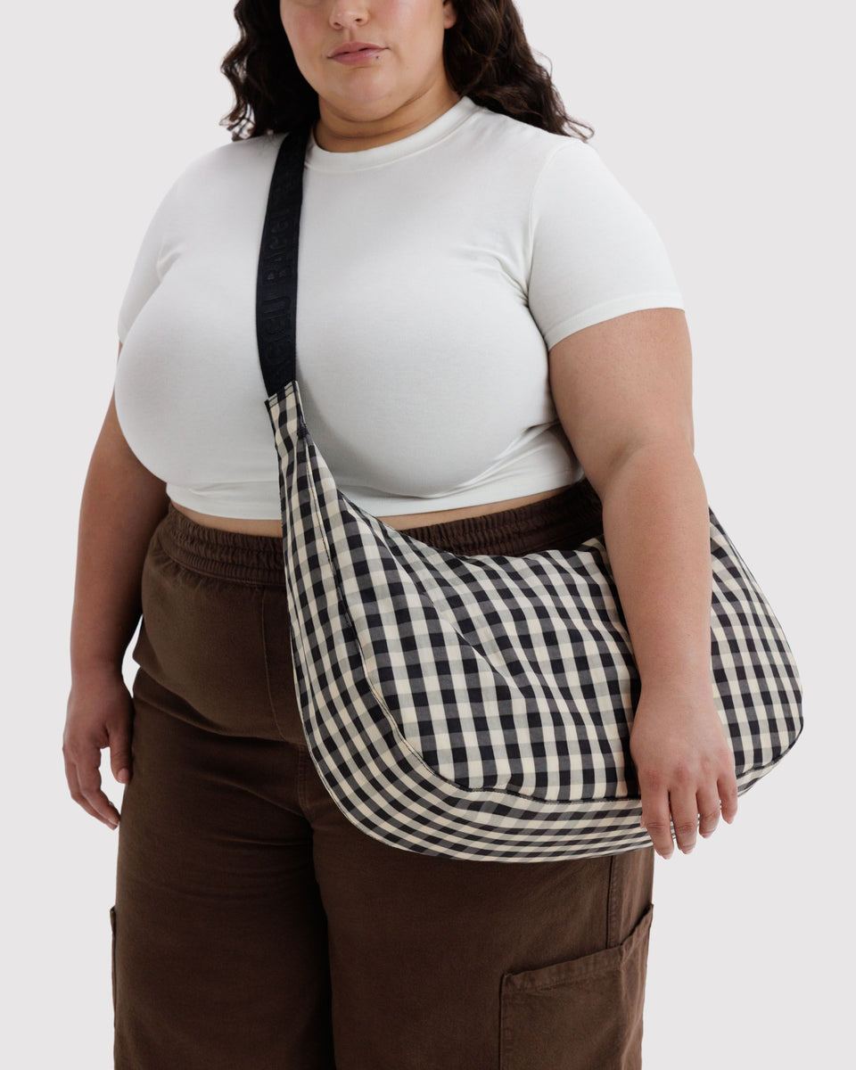 BAGGU Wholesale Shop All Large Nylon Crescent Bag - Black and Cream Gingham