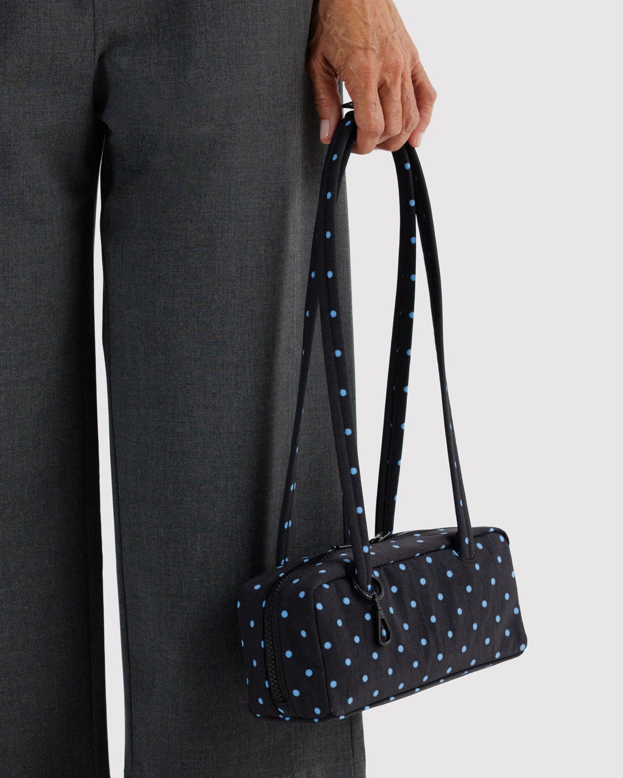 Small Nylon Bowler Bag - Black and Sky Blue Micro Dot