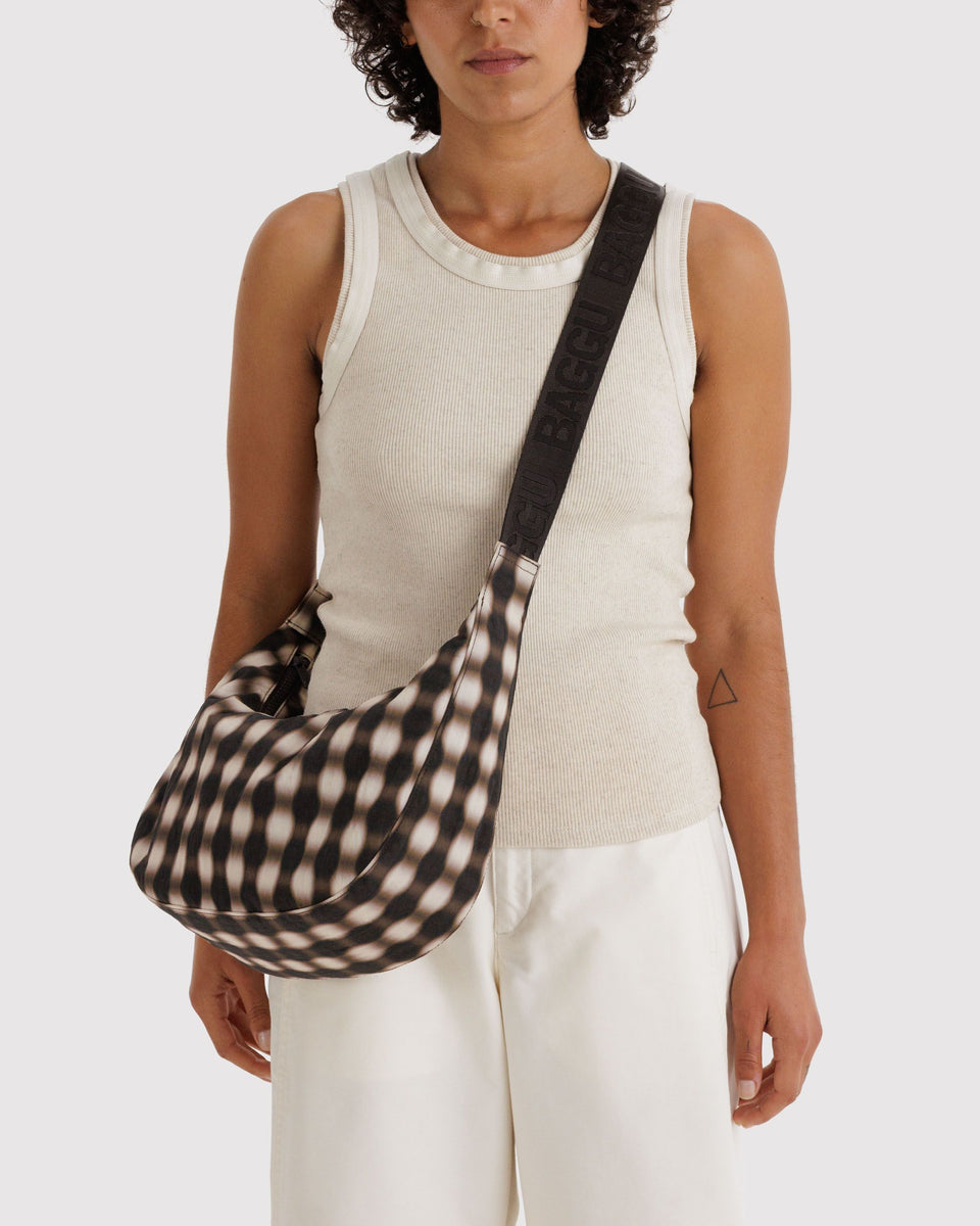 BAGGU Wholesale Cross Body Medium Nylon Crescent Bag - Blurred Gingham Brown